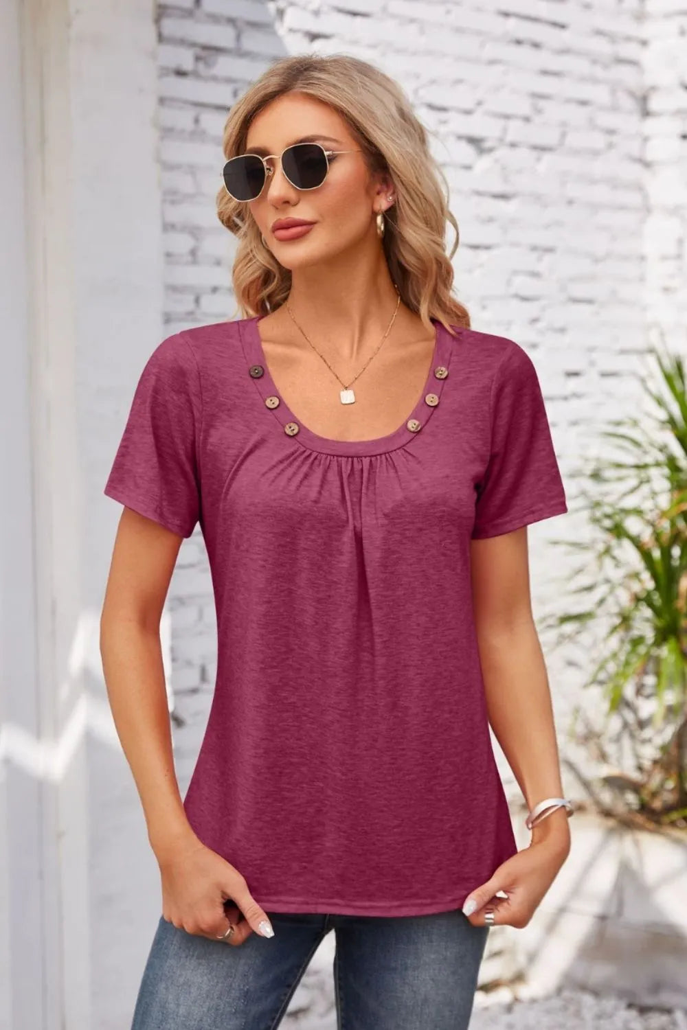 Decorative Button Scoop Neck T-Shirt - Korvel