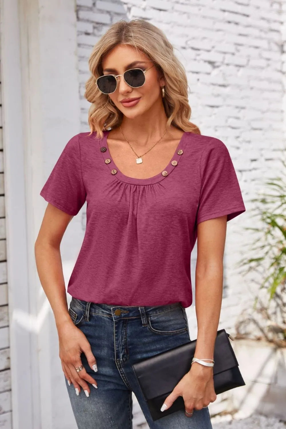 Decorative Button Scoop Neck T-Shirt - Korvel