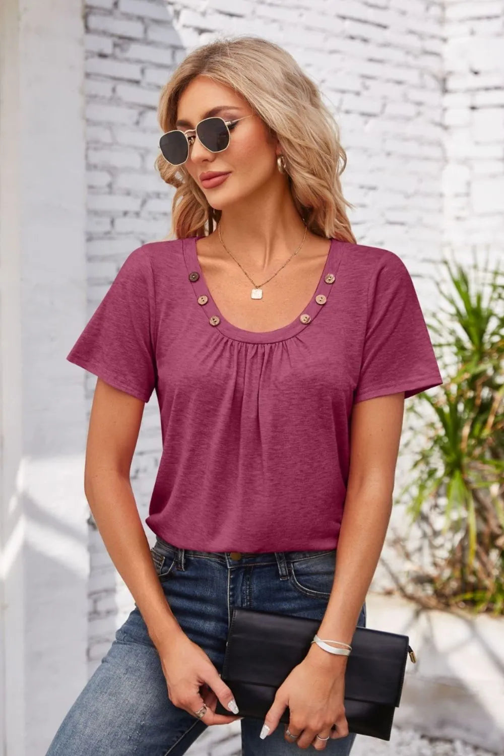 Decorative Button Scoop Neck T-Shirt - Korvel
