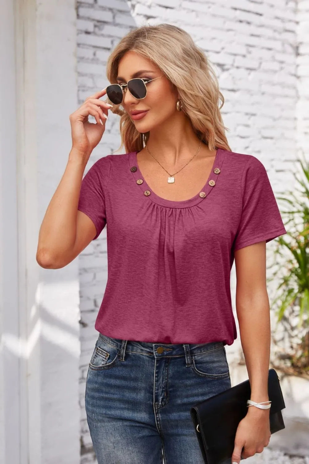 Decorative Button Scoop Neck T-Shirt - Korvel