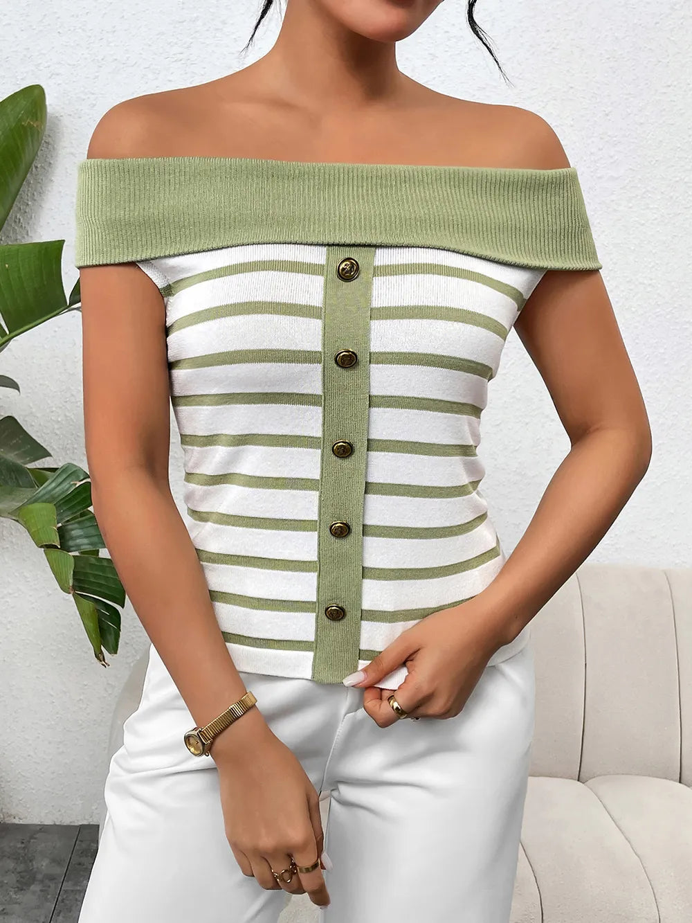 Decorative Button Striped Off-Shoulder Knit Top - Korvel