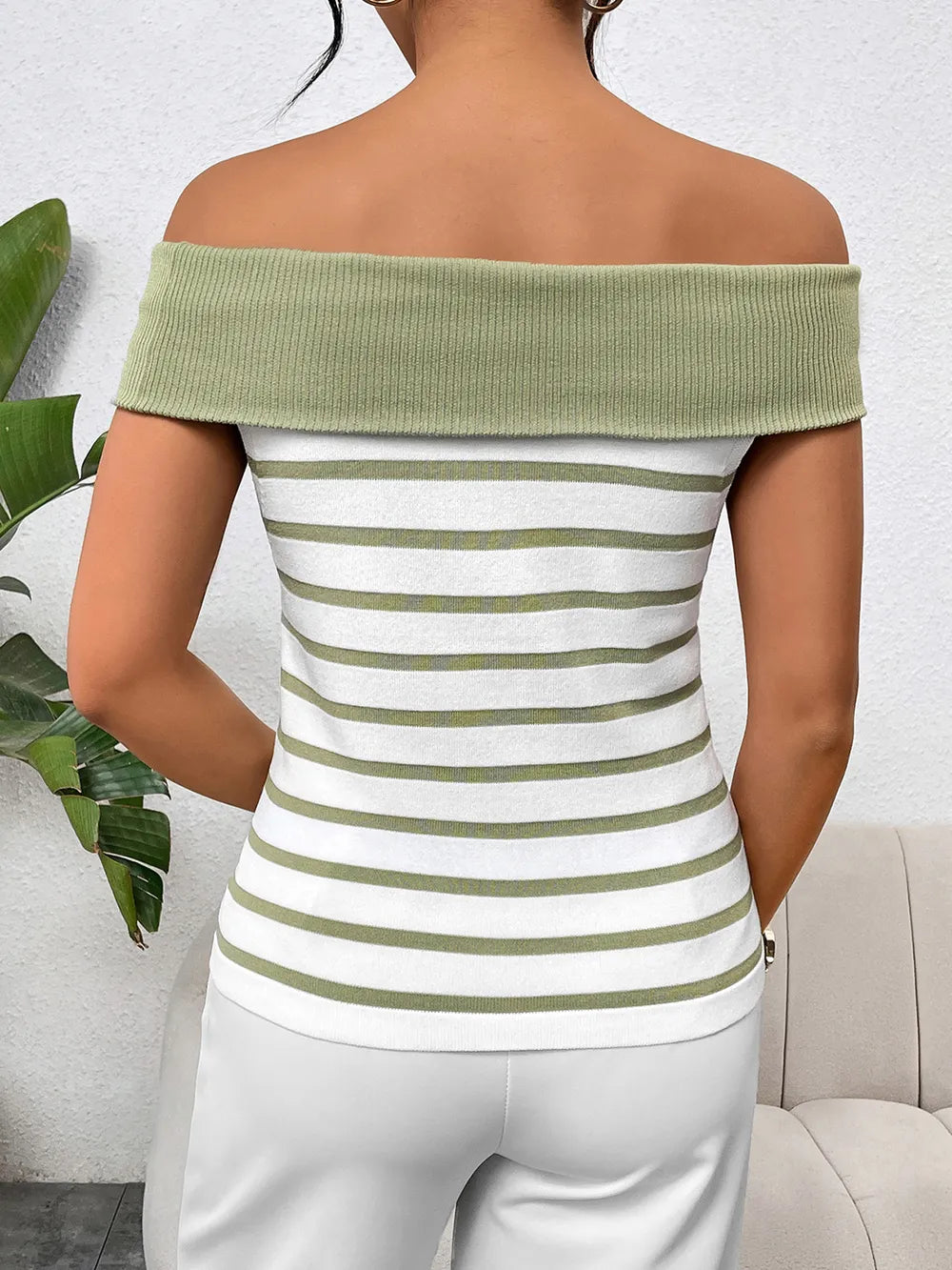Decorative Button Striped Off-Shoulder Knit Top - Korvel