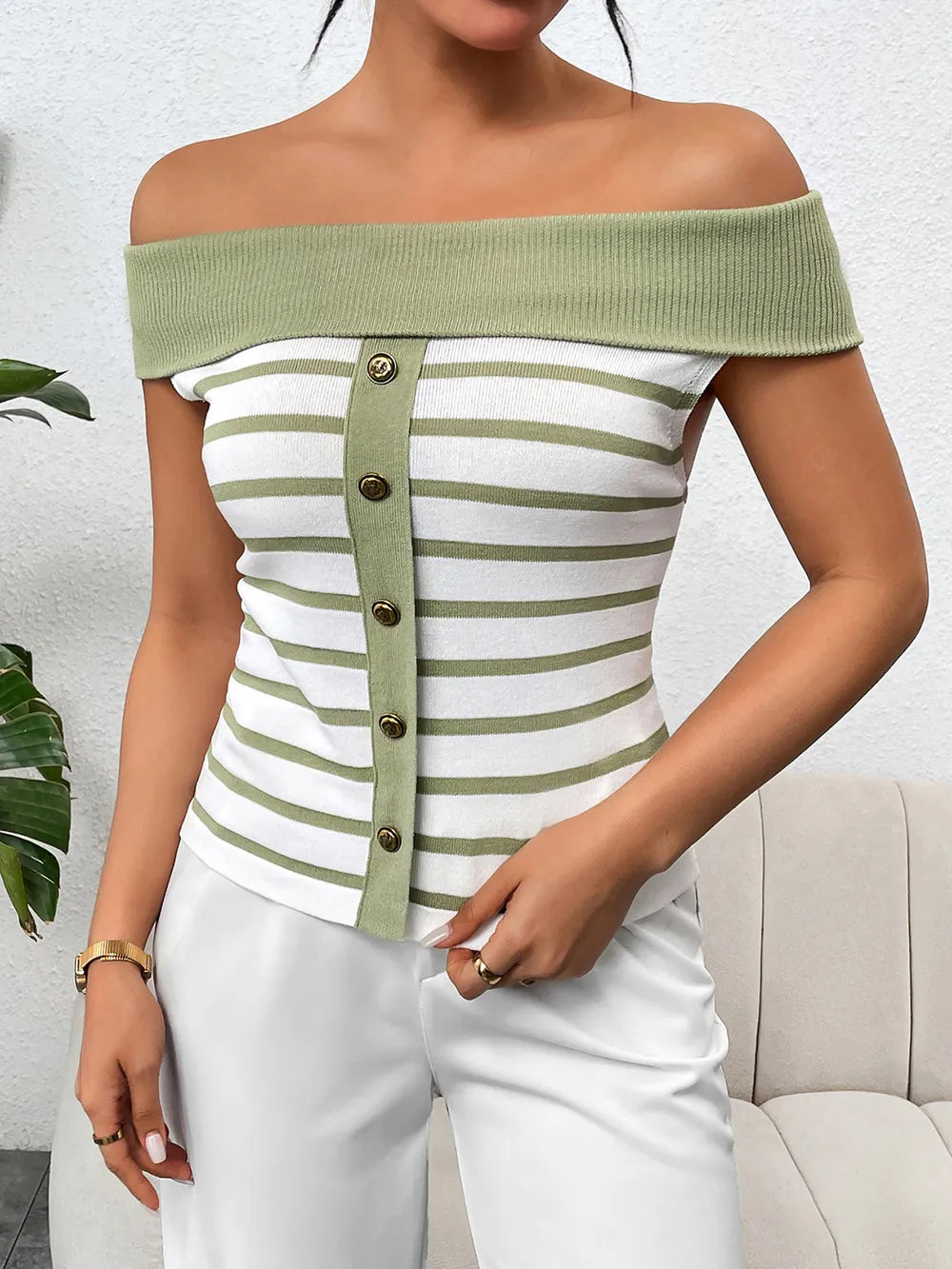 Decorative Button Striped Off-Shoulder Knit Top - Korvel