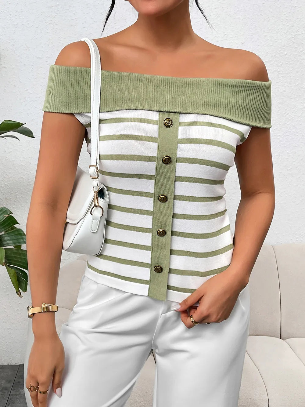 Decorative Button Striped Off-Shoulder Knit Top - Korvel