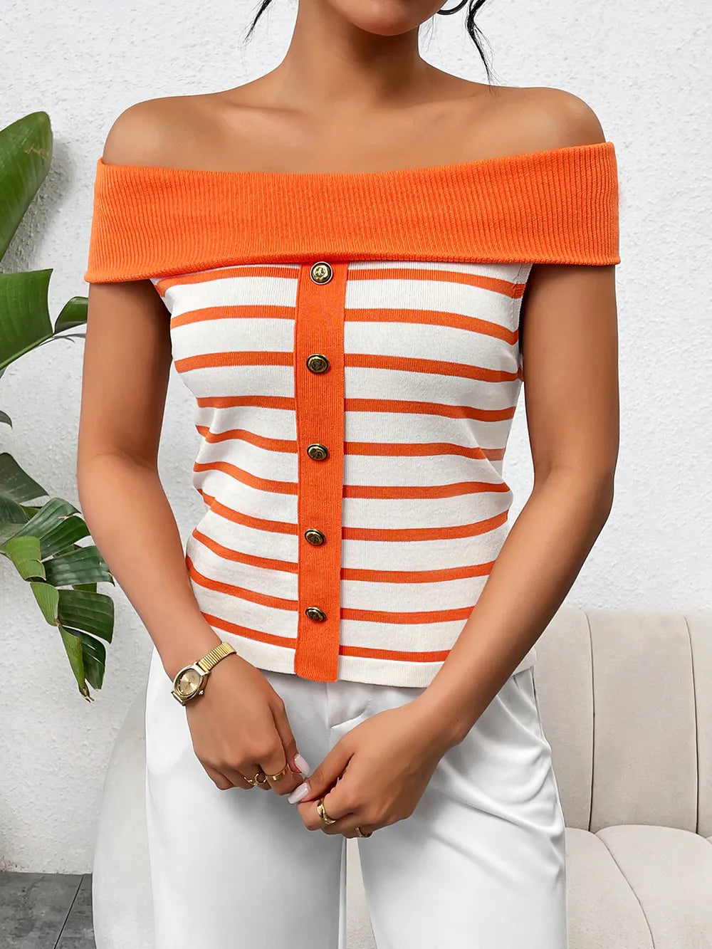 Decorative Button Striped Off-Shoulder Knit Top - Korvel