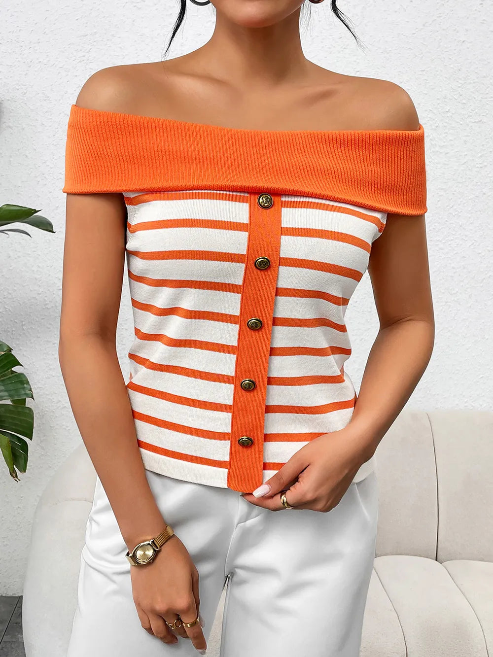 Decorative Button Striped Off-Shoulder Knit Top - Korvel