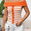 Decorative Button Striped Off-Shoulder Knit Top - Korvel