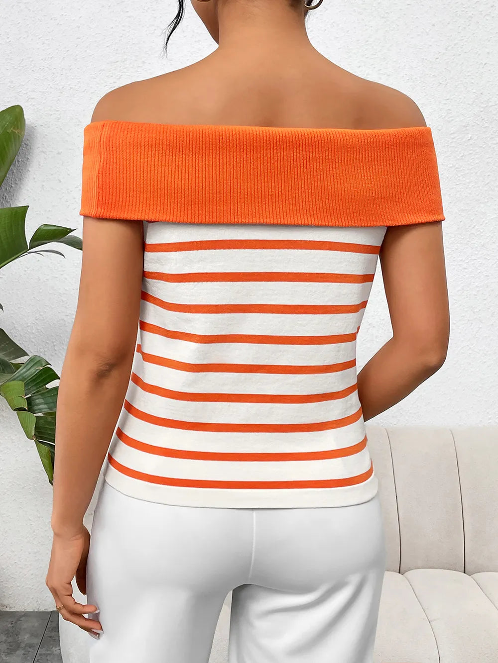 Decorative Button Striped Off-Shoulder Knit Top - Korvel