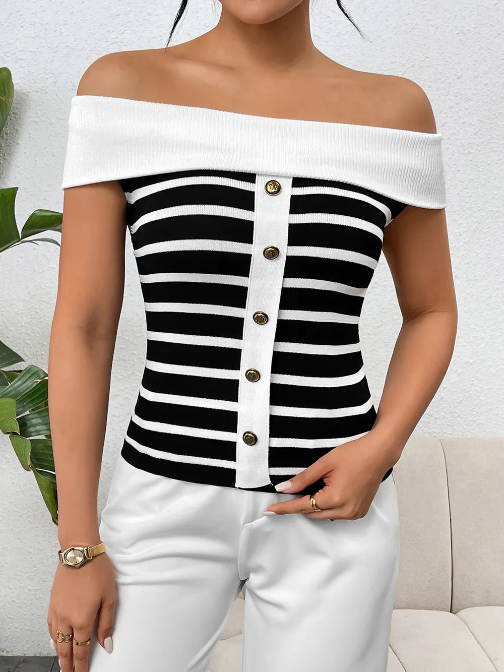 Decorative Button Striped Off-Shoulder Knit Top - Korvel