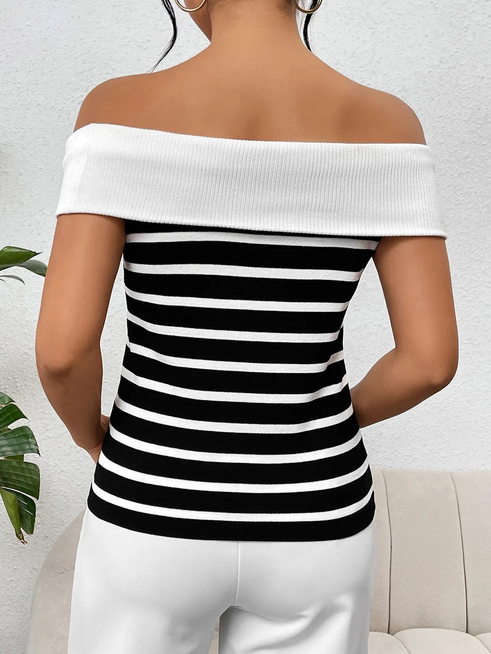 Decorative Button Striped Off-Shoulder Knit Top - Korvel