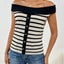 Decorative Button Striped Off-Shoulder Knit Top - Korvel