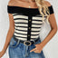 Decorative Button Striped Off-Shoulder Knit Top - Korvel