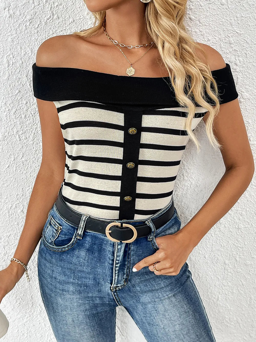 Decorative Button Striped Off-Shoulder Knit Top - Korvel