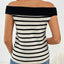 Decorative Button Striped Off-Shoulder Knit Top - Korvel
