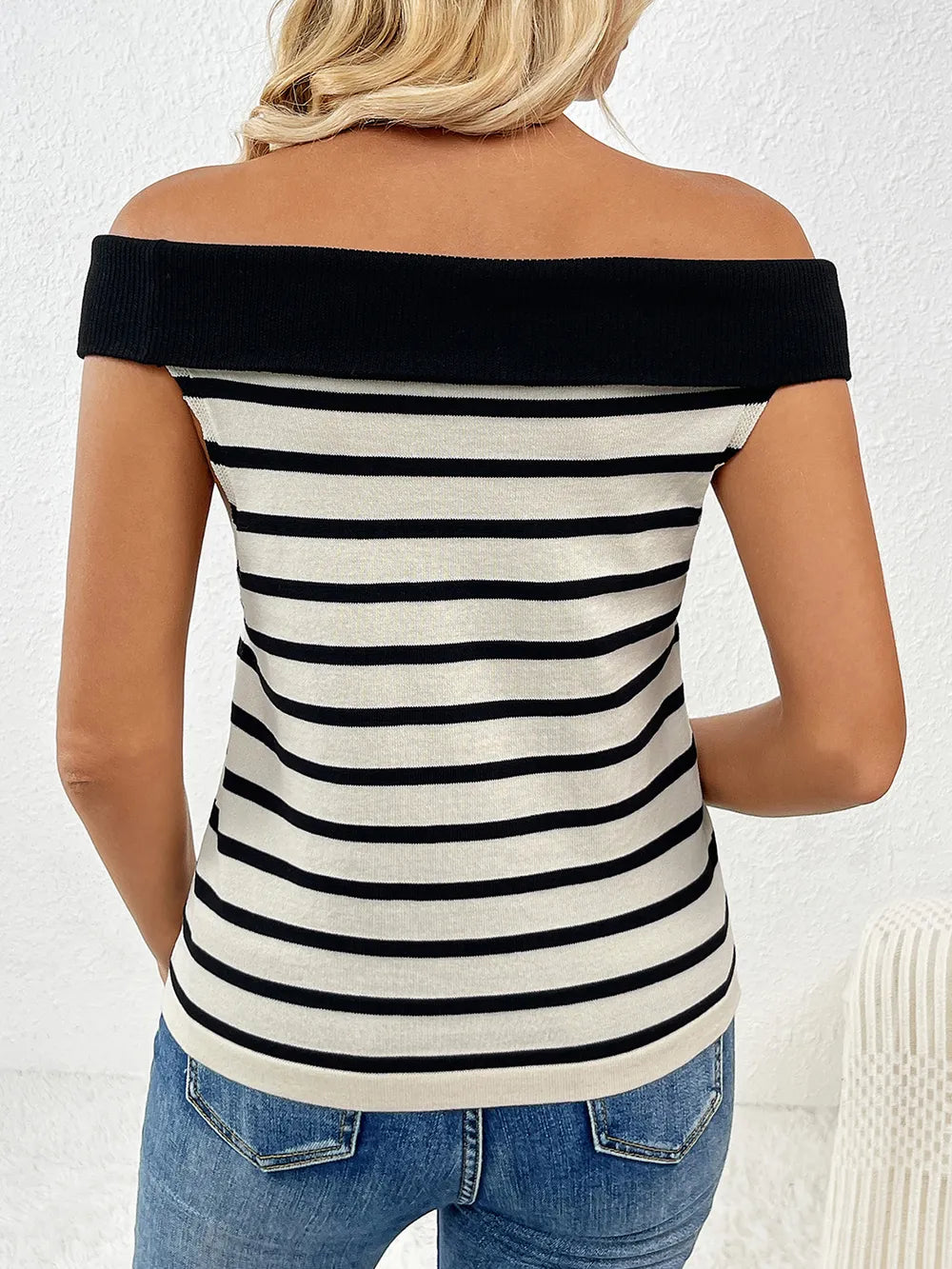 Decorative Button Striped Off-Shoulder Knit Top - Korvel