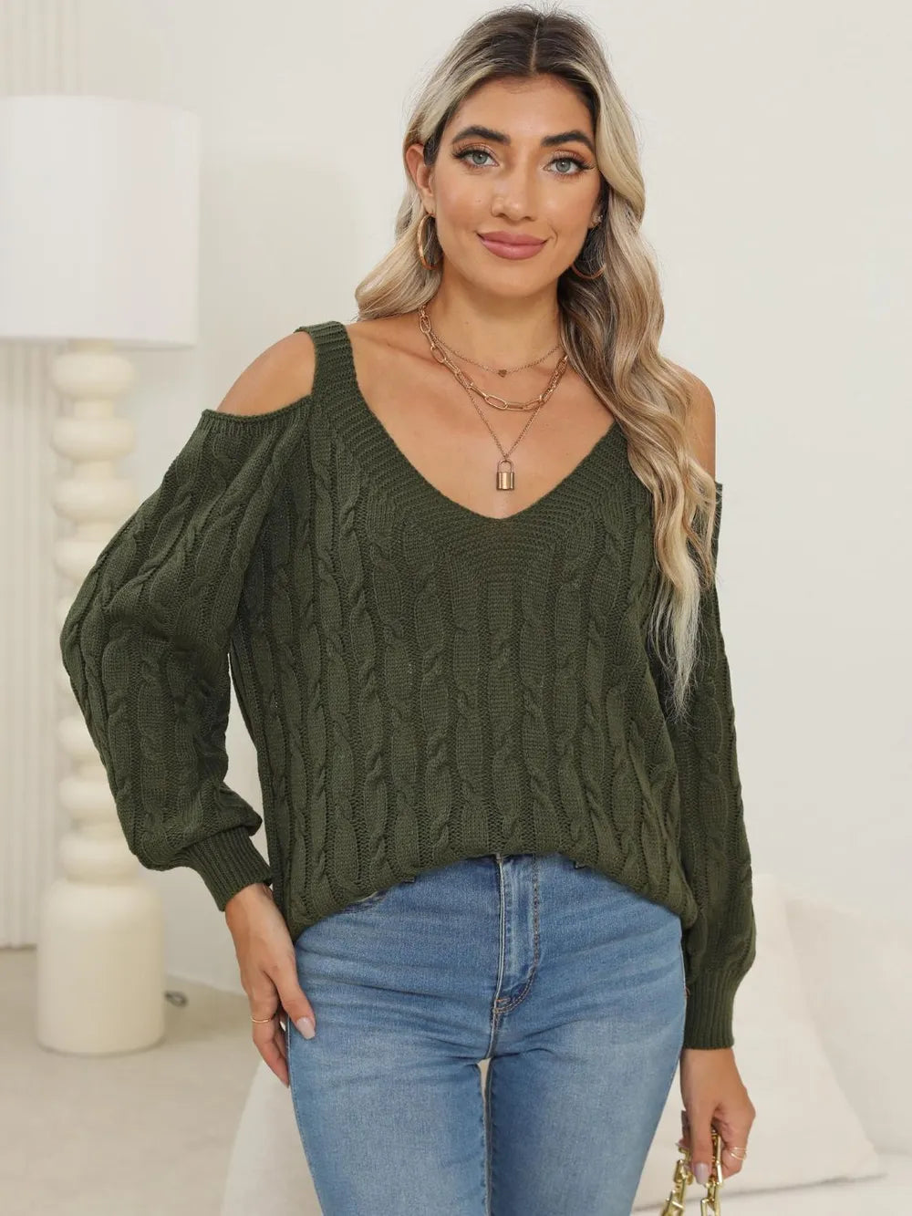 Deep V-neck sexy off shoulder loose pullover sweater for women top - Korvel
