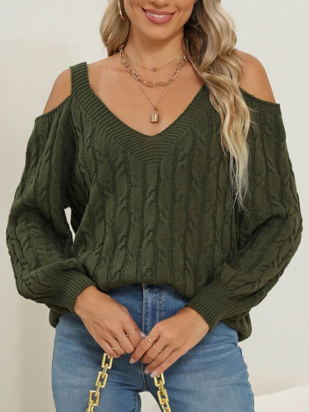 Deep V-neck sexy off shoulder loose pullover sweater for women top - Korvel