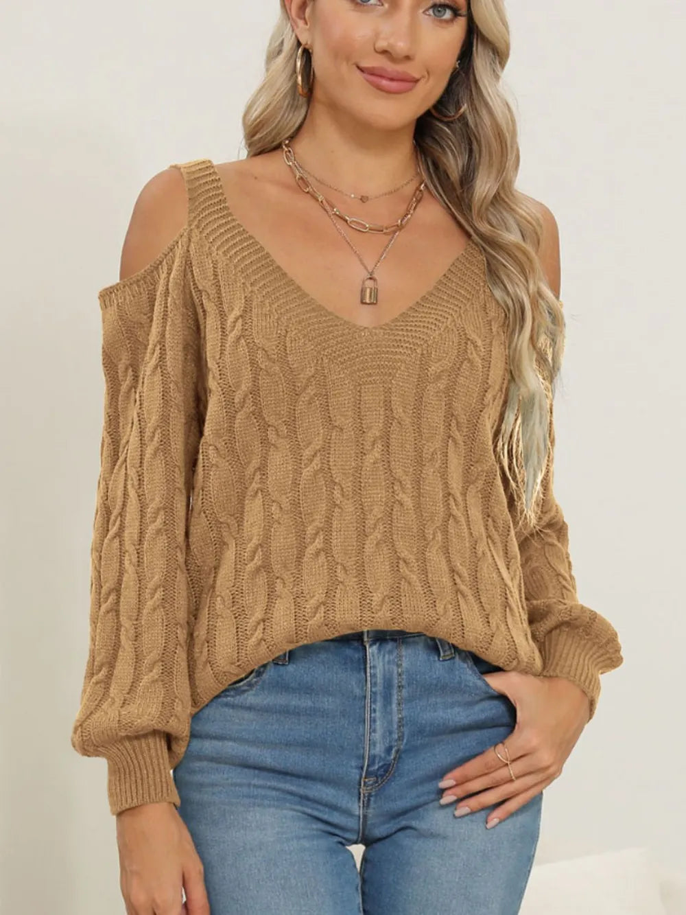 Deep V-neck sexy off shoulder loose pullover sweater for women top - Korvel