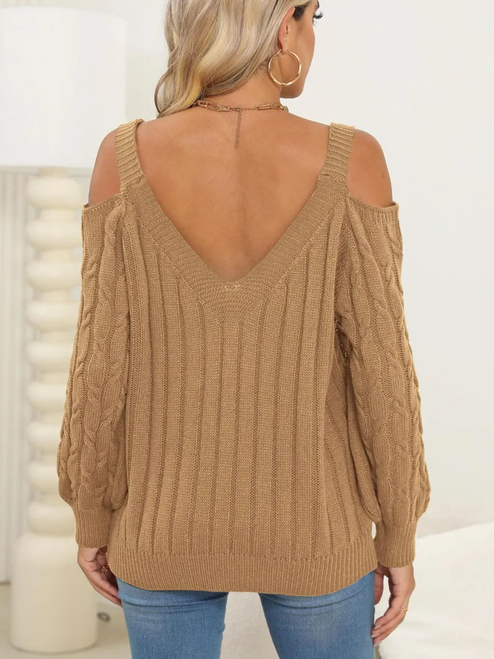 Deep V-neck sexy off shoulder loose pullover sweater for women top - Korvel