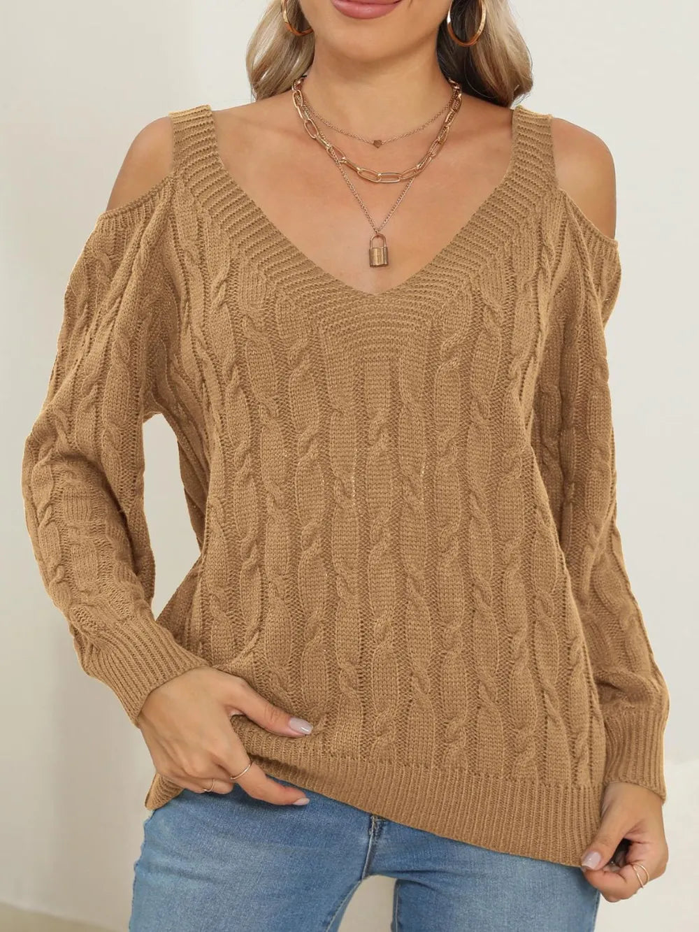 Deep V-neck sexy off shoulder loose pullover sweater for women top - Korvel