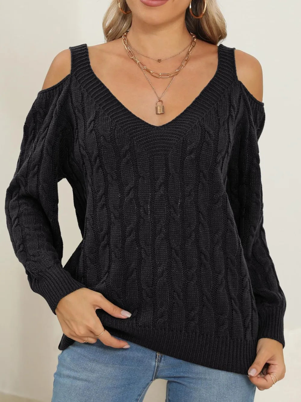 Deep V-neck sexy off shoulder loose pullover sweater for women top - Korvel