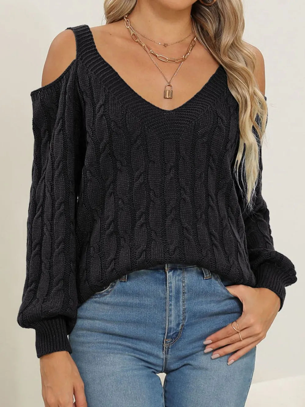 Deep V-neck sexy off shoulder loose pullover sweater for women top - Korvel