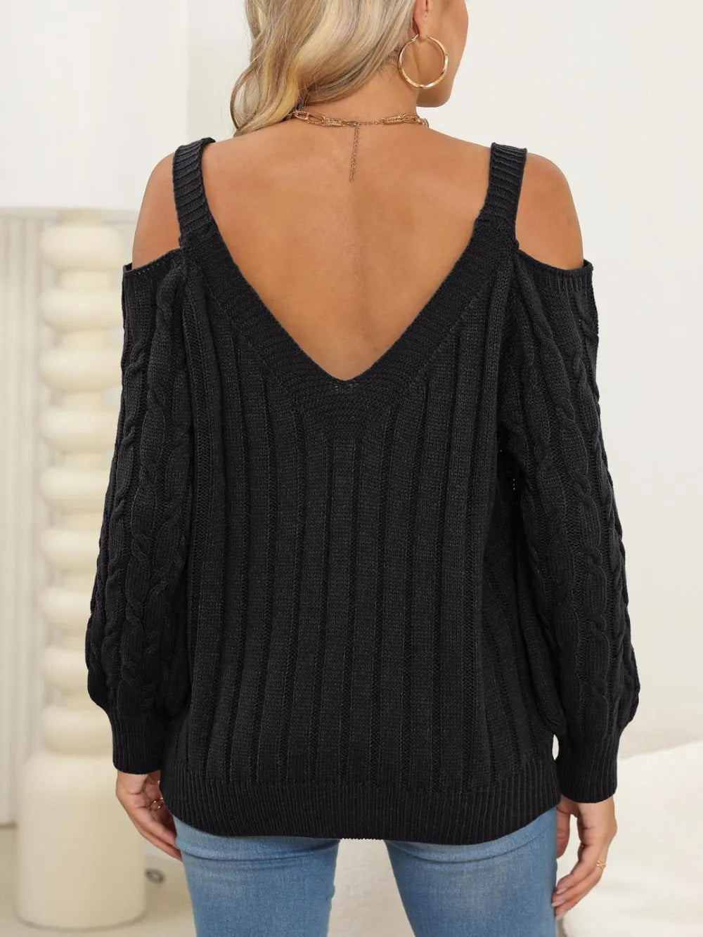 Deep V-neck sexy off shoulder loose pullover sweater for women top - Korvel