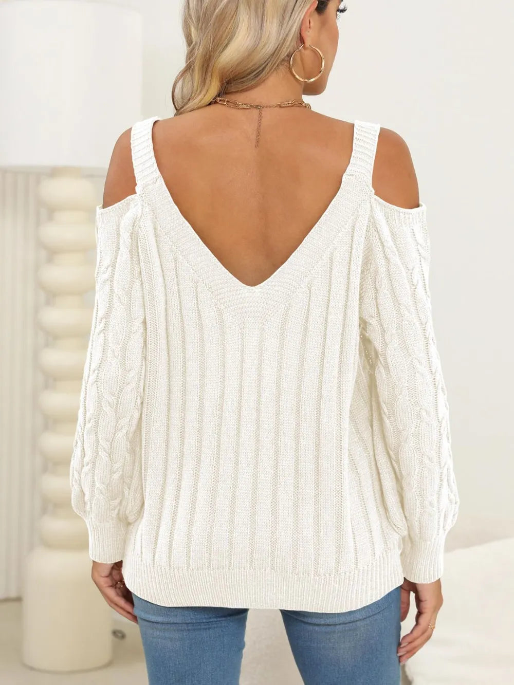 Deep V-neck sexy off shoulder loose pullover sweater for women top - Korvel