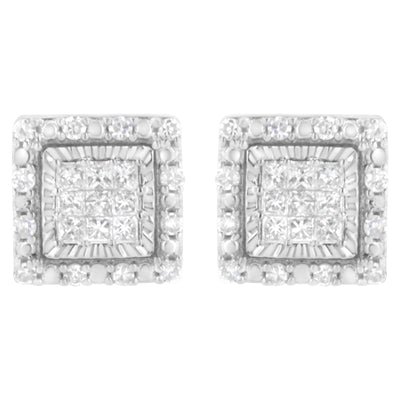 Pendientes de diamantes en corte princesa de oro blanco de 10 quilates con engaste invisible