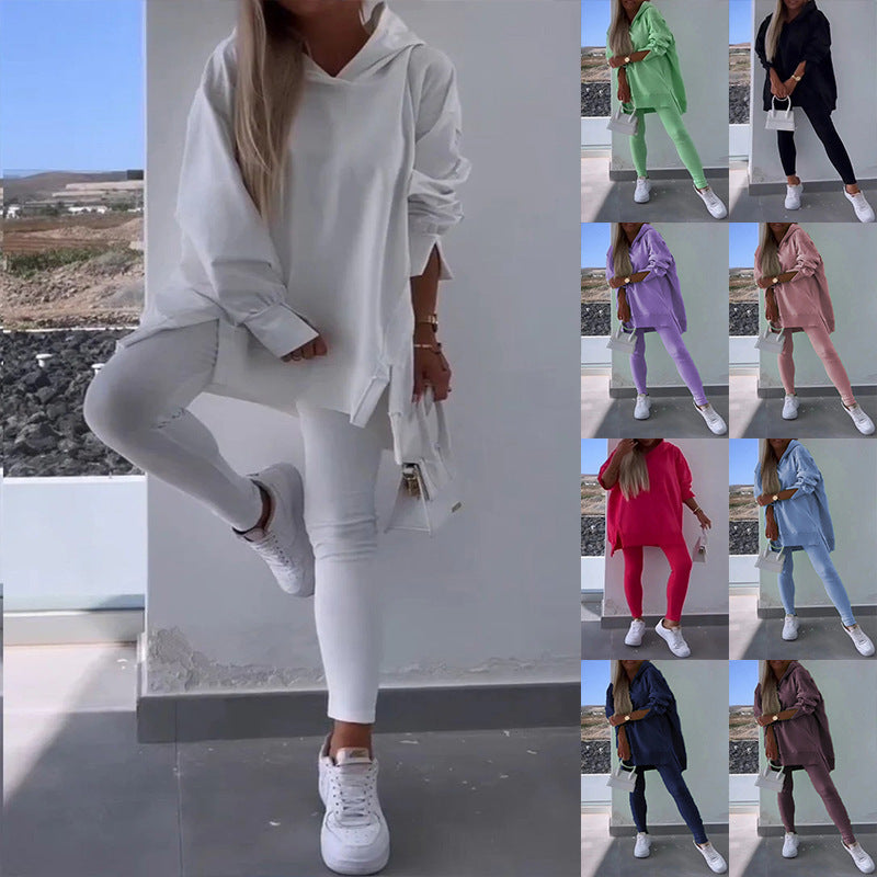 Women's Sports Casual Slit Hooded Sweatshirt Tights Set