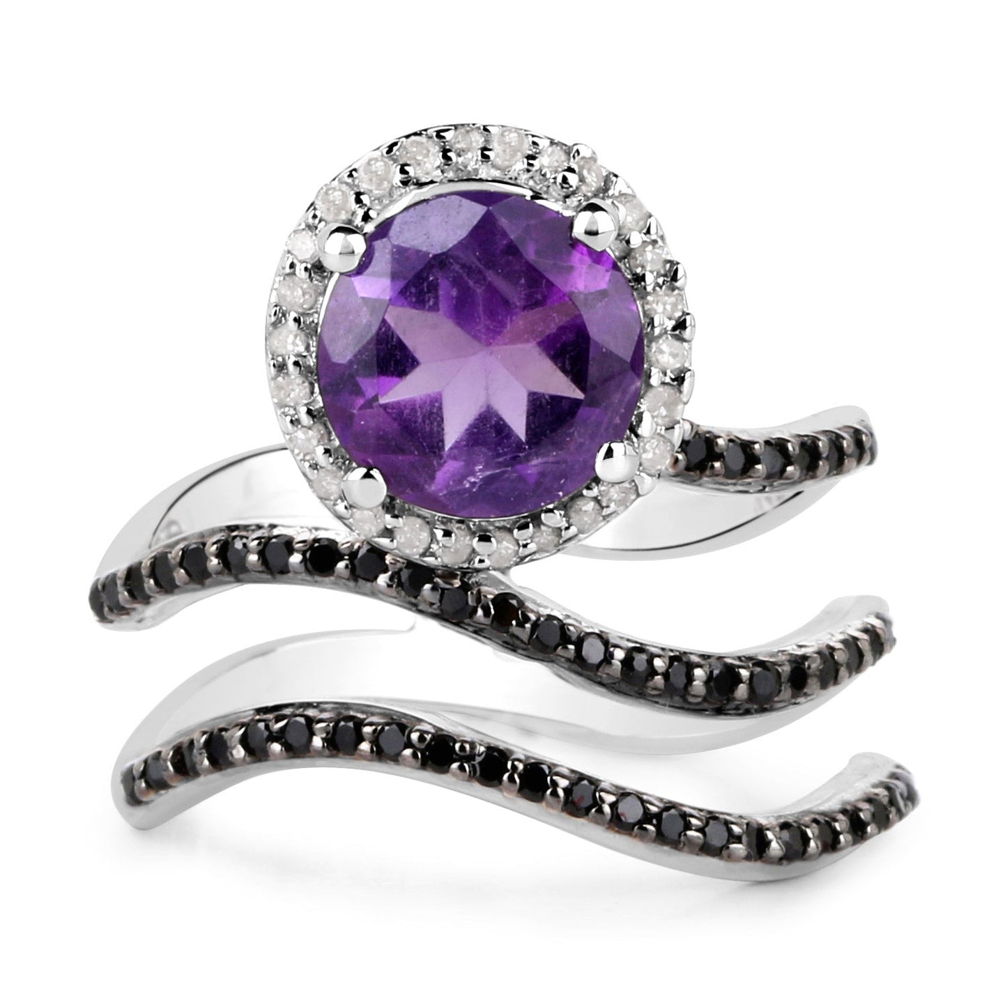 Bague en Argent Sterling avec Améthyste de 2,31 Carats, Spinelle Noir et Diamant