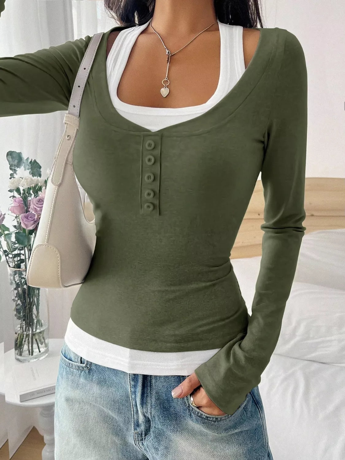 T-shirt à manches longues contrasté à fausse superposition