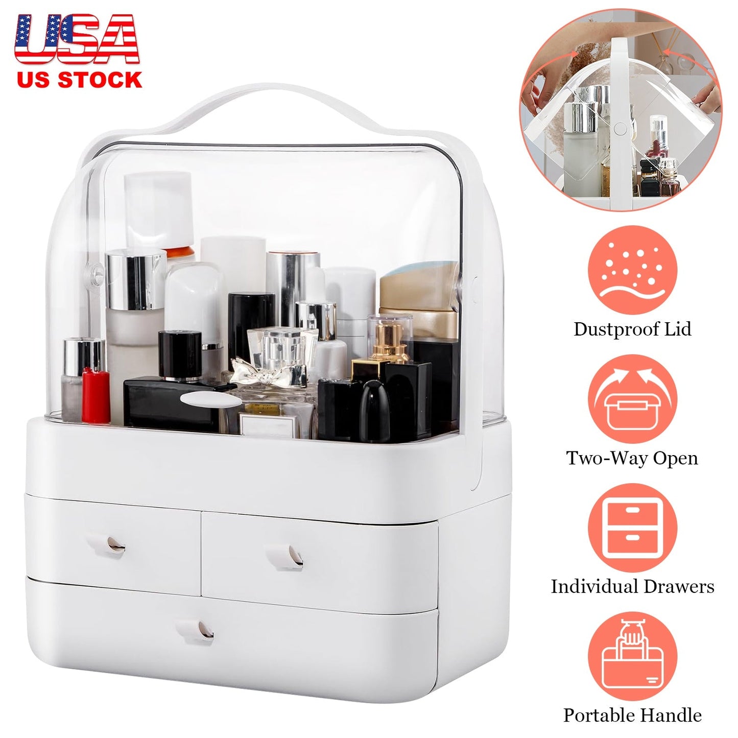 Organizador de Maquillaje de 3 Niveles con Tapa a Prueba de Polvo y Asa Portátil