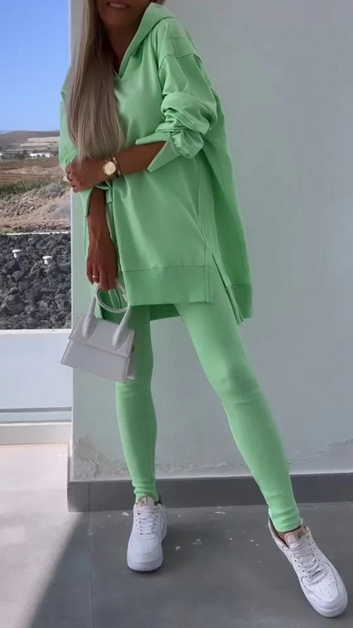 Women's Sports Casual Slit Hooded Sweatshirt Tights Set