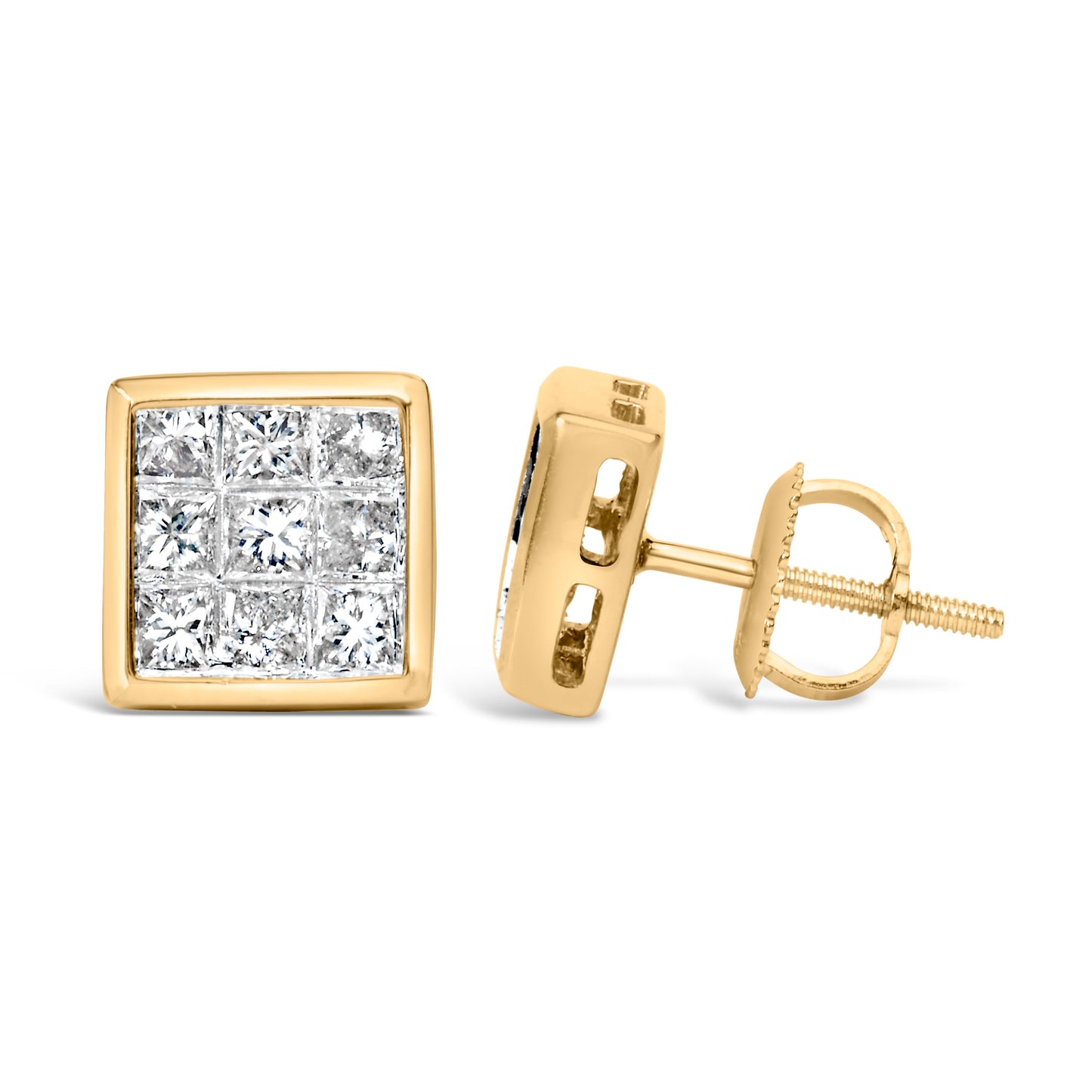 Pendientes de Stud de Diamante Compuesto de Corte Princesa de Oro Amarillo de 14K