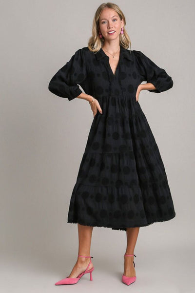 Elegant Plus Size Black Midi Dress with Dotted Texture for Women - Korvel
