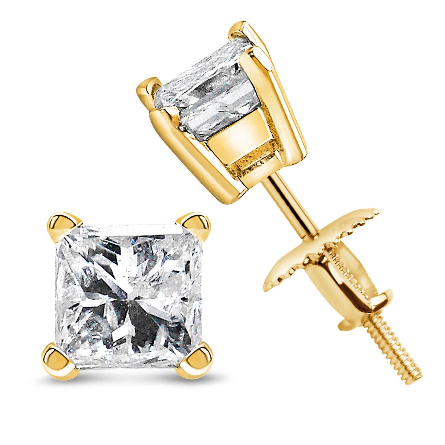 Boucles d'oreilles en diamant solitaire taille princesse en or jaune 14K