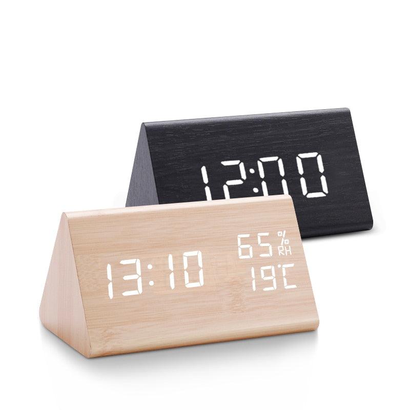 Elegant LED Wooden Alarm Clock with Temperature & Humidity Display - Korvel