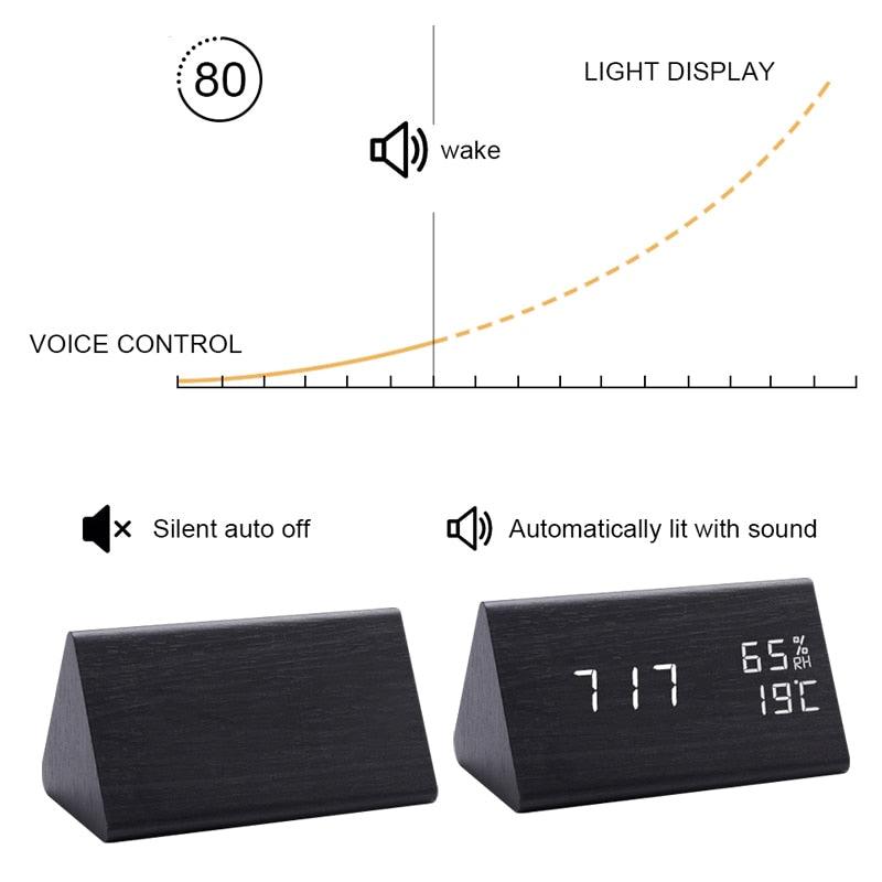 Elegant LED Wooden Alarm Clock with Temperature & Humidity Display - Korvel