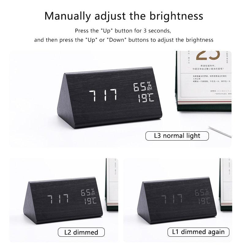 Elegant LED Wooden Alarm Clock with Temperature & Humidity Display - Korvel