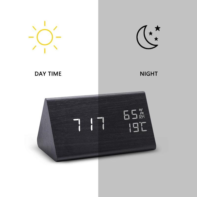 Elegant LED Wooden Alarm Clock with Temperature & Humidity Display - Korvel