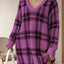 Distressed Plaid V-Neck Long Sleeve Sweater Dress