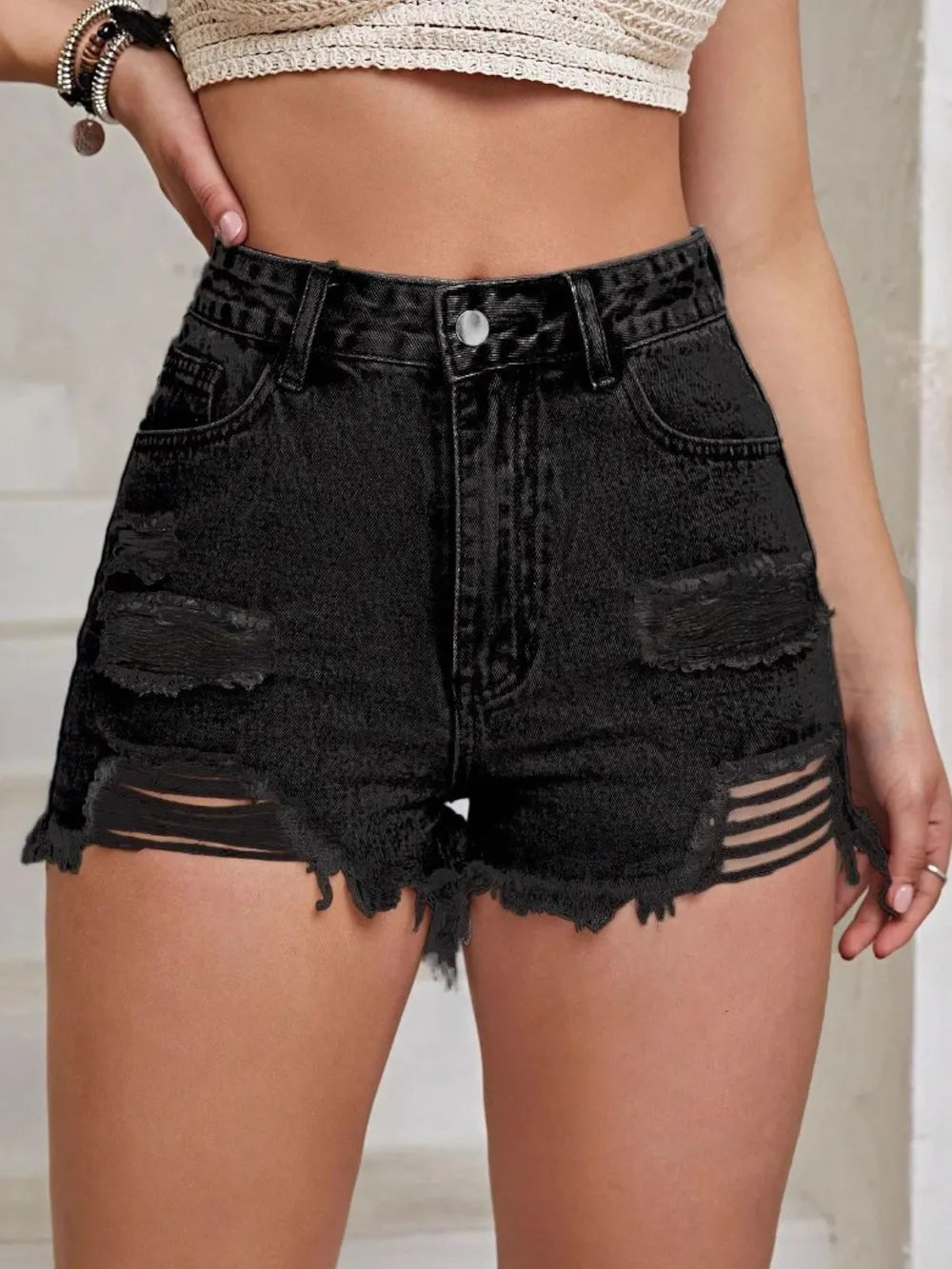 Distressed Raw Hem High Waist Denim Shorts - Korvel