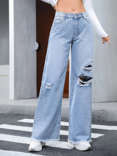 Distressed Raw Hem Wide Leg Jeans - Korvel