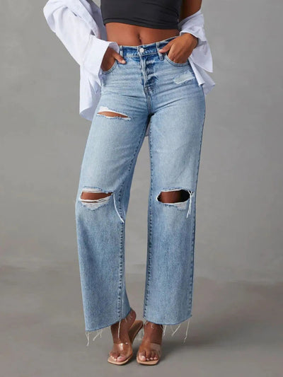 Distressed Straight Leg Jeans with Pockets - Korvel