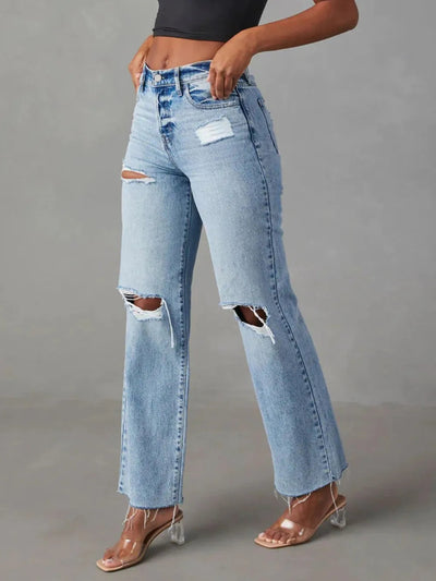 Distressed Straight Leg Jeans with Pockets - Korvel