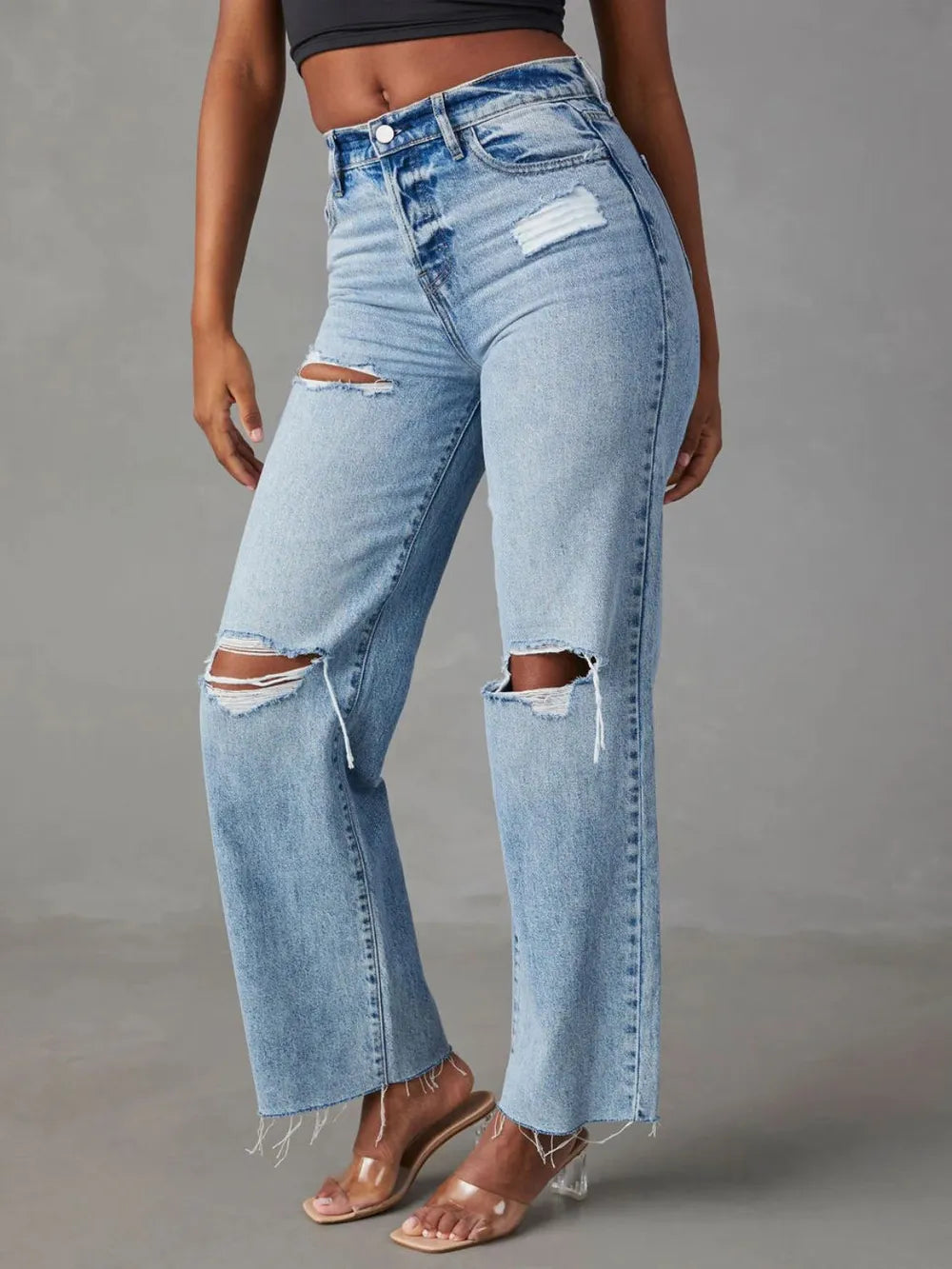 Distressed Straight Leg Jeans with Pockets - Korvel