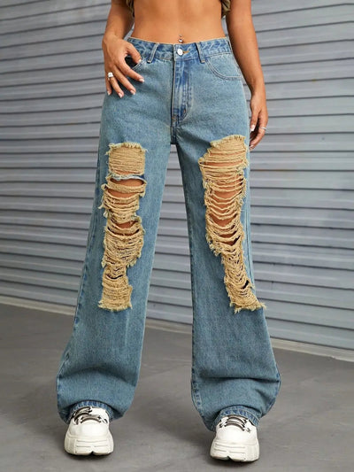 Distressed Wide Leg Jeans with Pockets - Korvel