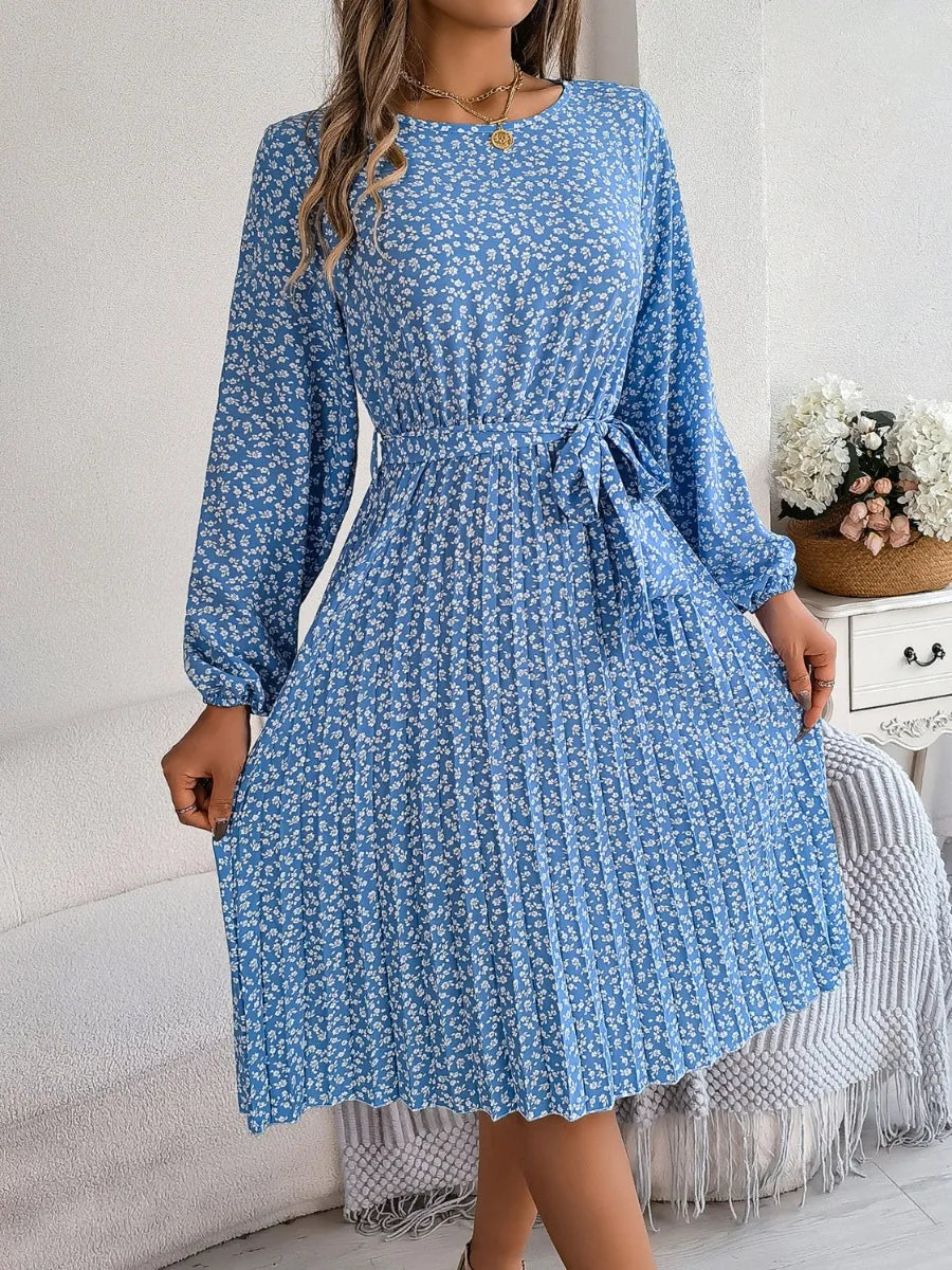 Ditsy Floral Tie Waist Pleated Dress - Korvel