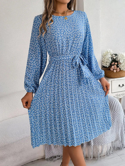 Ditsy Floral Tie Waist Pleated Dress - Korvel